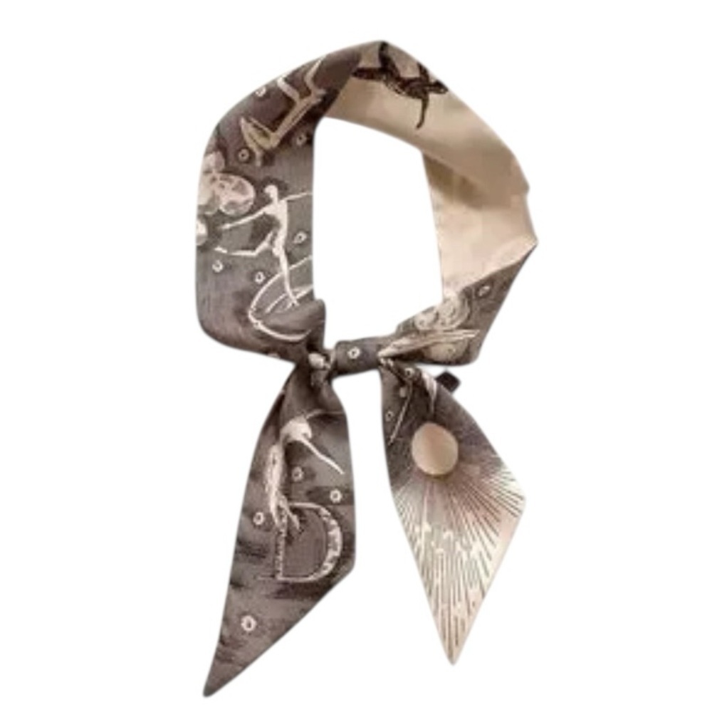 D Logo Brown Cream Satin Ethereal Print Mitzah Scarf Purse handle Tie Hair neck - Picture 3 of 7